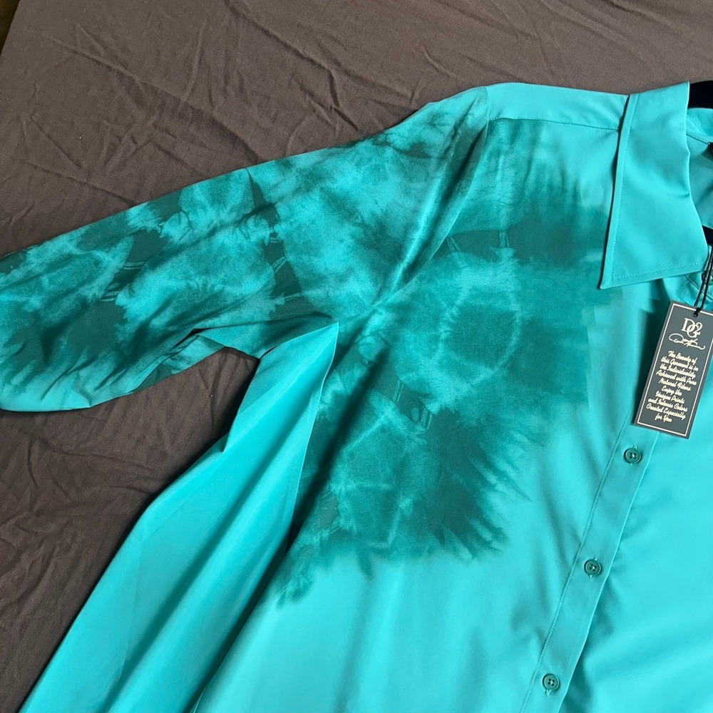 Denise‎ Karaman Teal Green Button Down Shirt Hi-Low Hem Tie Dye Blouse QVC - Picture 11 of 12